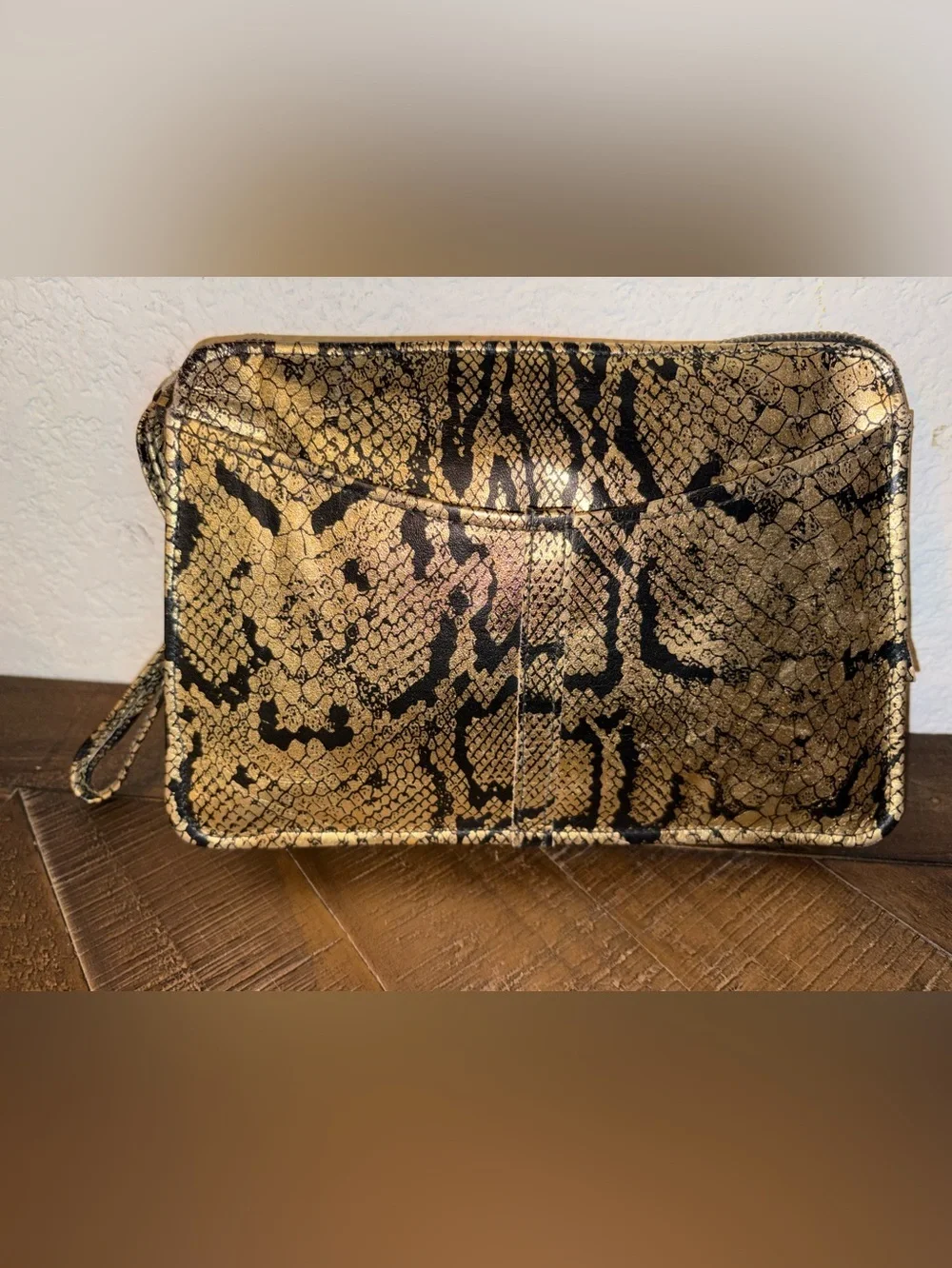 Gold Snake-Print Wristlet Clutch